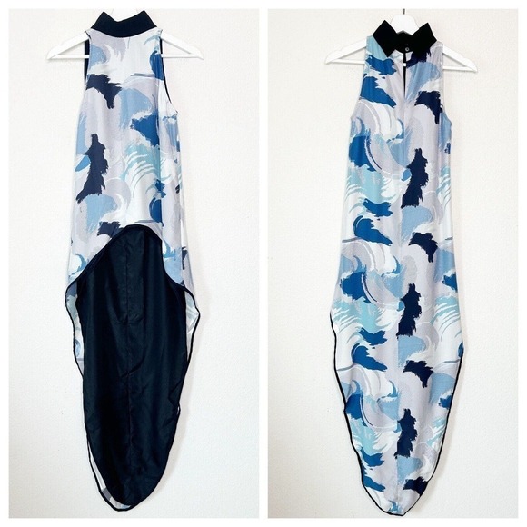 Lizna Dramatic High Low Blue and Black Graphic Silk Blouse XS - Picture 1 of 10